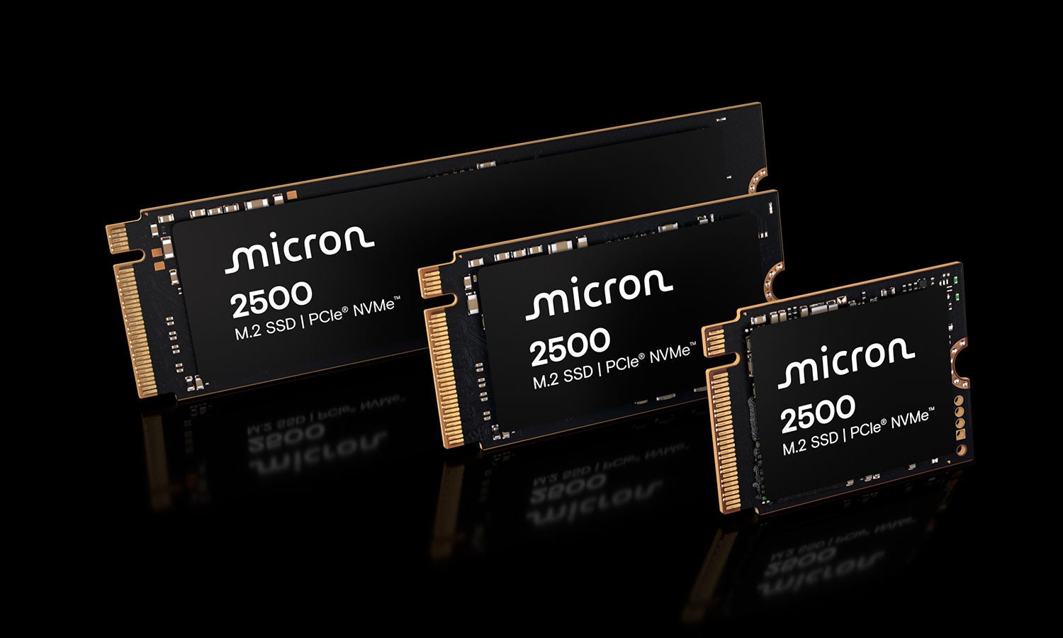 Three Micron 2500 NVMe SSDs in 22x30, 22x42 and 22x80mm form factors
